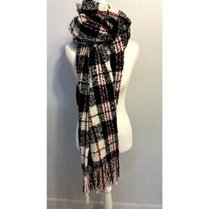 Free People Boho Knit Scarf Plaid Blanket Chunky Ribbed Fringe Red Black Cozy